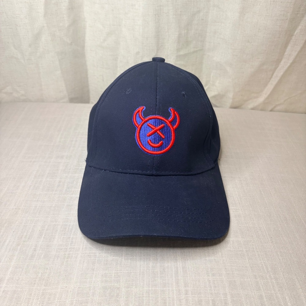 Navy Blue Baseball Cap Red Embroidered Devil Face Graphic Adjustable Hat